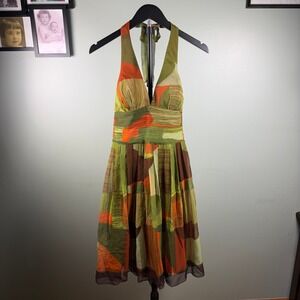 Cache Y2K Retro Boho Women Halter Fit Flare Dress Green Orange 100% Silk